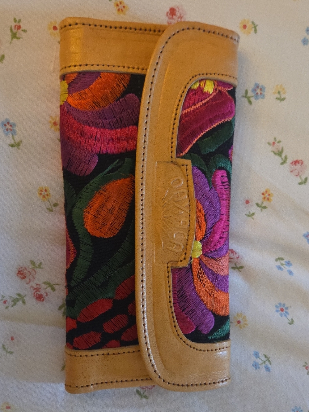 MEXICANA Tan Leather Floral Embroidered Wallet with Purple & Orange Accents